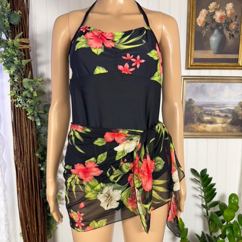 Cherokee Tropical Floral One-Piece Swimsuit‎ with Sheer Sarong Cover-Up Size 14